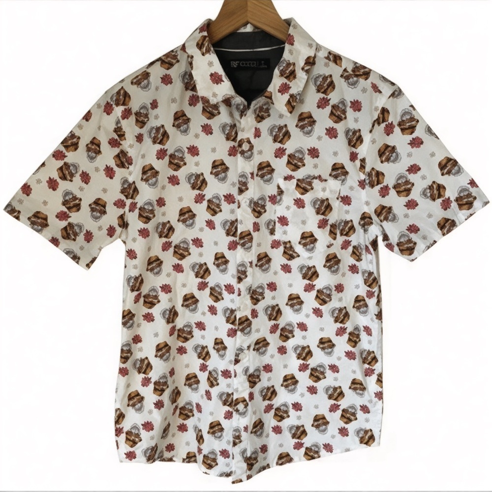 RF Brand Men's Short Sleeve Skull Floral Whimsigoth Button Up Shirt-Size Small